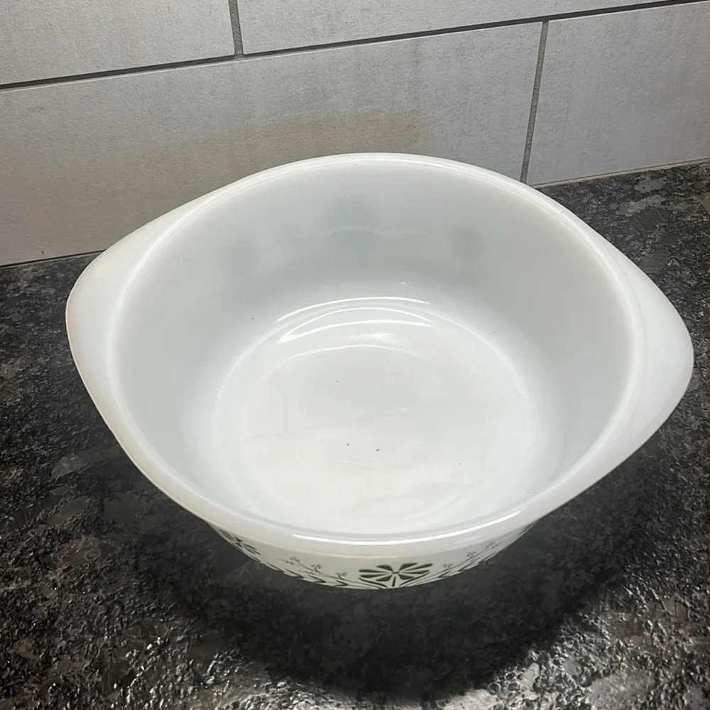 Glassbake 8 inch round. “crazy daisy pattern”.  Milkglass. Like new